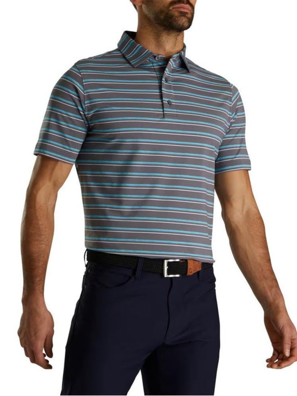 FootJoy Men's Gray Polo with Teal & White Stripes